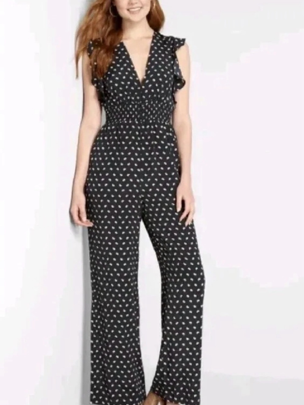 MODCLOTH 1X Black Paisley Fit To Party Wide Leg Jumpsuit Black Ruffle Smocked